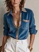 Women's Fashionable Blue Faux Suede Sequined Long-sleeved Shirt ZMZ3128H3SWL