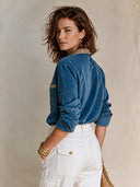 Women's Fashionable Blue Faux Suede Sequined Long-sleeved Shirt ZMZ3128H3SWL