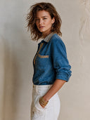 Women's Fashionable Blue Faux Suede Sequined Long-sleeved Shirt ZMZ3128H3SWL