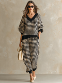 Women's Retro Casual Houndstooth V-Neck Sweater And Pants Knit Two-Piece Set ZMZ2711H4XT