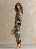 Women's Retro Casual Houndstooth V-Neck Sweater And Pants Knit Two-Piece Set ZMZ2711H4XT