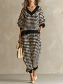 Women's Retro Casual Houndstooth V-Neck Sweater And Pants Knit Two-Piece Set ZMZ2711H4XT