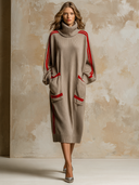 Women's Loose High-Neck Color-Block Striped Knit Midi Dress ZMZ2742H0XT