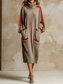 Women's Loose High-Neck Color-Block Striped Knit Midi Dress ZMZ2742H0XT