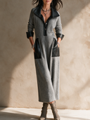 Women's Retro Casual Knitted PU Patchwork Collar Long Sleeve Pullover Maxi Dress ZMZ3173H6ZJY