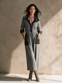 Women's Retro Casual Knitted PU Patchwork Collar Long Sleeve Pullover Maxi Dress ZMZ3173H6ZJY