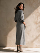 Women's Retro Casual Knitted PU Patchwork Collar Long Sleeve Pullover Maxi Dress ZMZ3173H6ZJY