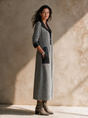 Women's Retro Casual Knitted PU Patchwork Collar Long Sleeve Pullover Maxi Dress ZMZ3173H6ZJY
