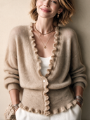 Women's Elegant Light Khaki V-Neck Knit Cardigan With Lettuce-Edge Trim ZMZ3117H0SWL