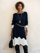 Women's Fashionable Color-blocked Wavy-edged Knit Long-sleeved Dress (including Belt) ZMZ3175H7SWL