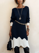 Women's Fashionable Color-blocked Wavy-edged Knit Long-sleeved Dress (including Belt) ZMZ3175H7SWL