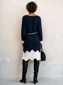 Women's Fashionable Color-blocked Wavy-edged Knit Long-sleeved Dress (including Belt) ZMZ3175H7SWL