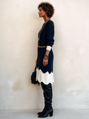 Women's Fashionable Color-blocked Wavy-edged Knit Long-sleeved Dress (including Belt) ZMZ3175H7SWL