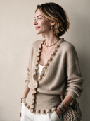 Women's Elegant Light Khaki V-Neck Knit Cardigan With Lettuce-Edge Trim ZMZ3117H0SWL