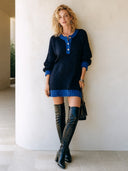Women's Classic Henley Collar Color Block Knit Long Sleeve Mini Dress ZMZ0146I5SWL