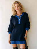 Women's Classic Henley Collar Color Block Knit Long Sleeve Mini Dress ZMZ0146I5SWL