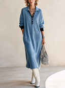 Women's Classic Loose-Fit Light Blue High-Stretch Ribbed Knit Midi Dress ZMZ0141I6SWL
