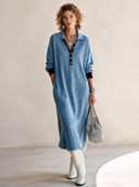 Women's Classic Loose-Fit Light Blue High-Stretch Ribbed Knit Midi Dress ZMZ0141I6SWL