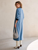 Women's Classic Loose-Fit Light Blue High-Stretch Ribbed Knit Midi Dress ZMZ0141I6SWL