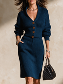 Women's Retro Casual Knitted Cotton Yarn Sweater Dress Button Set ZMZ0158I0ZJY