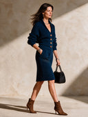 Women's Retro Casual Knitted Cotton Yarn Sweater Dress Button Set ZMZ0158I0ZJY