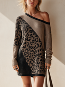 Women's Fashion One-Shoulder Leopard Pattern Color Block Knit Long-Sleeve Mini Dress ZMZ0195I4SWL