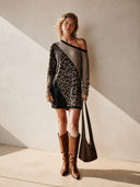 Women's Fashion One-Shoulder Leopard Pattern Color Block Knit Long-Sleeve Mini Dress ZMZ0195I4SWL