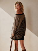 Women's Fashion One-Shoulder Leopard Pattern Color Block Knit Long-Sleeve Mini Dress ZMZ0195I4SWL