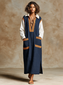 Women's Casual Cotton-Linen Color-Block Lace Vacation Maxi Dress ZMZ3114H0XT