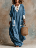 Women's French-style Relaxed-fit Blue V-neck Cotton-linen Maxi Dress ZMZ3183H6XT