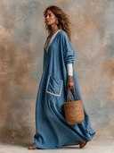 Women's French-style Relaxed-fit Blue V-neck Cotton-linen Maxi Dress ZMZ3183H6XT