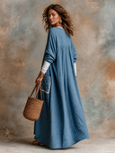 Women's French-style Relaxed-fit Blue V-neck Cotton-linen Maxi Dress ZMZ3183H6XT