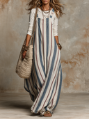 Women's Striped Cotton And Linen Overalls Maxi Dress ZMZ3174H7XT