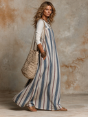 Women's Striped Cotton And Linen Overalls Maxi Dress ZMZ3174H7XT