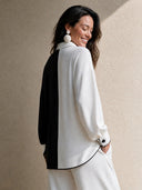 Women's Retro Casual Color Block Collar Multi-Button Long-Sleeve Shirt ZMZ0120I7ZJY