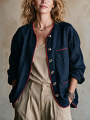 Women's Classic Loose-Fit Navy Cotton-Linen Single-Breasted Jacket With Contrast Piping ZMZ0185I3SWL