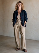 Women's Classic Loose-Fit Navy Cotton-Linen Single-Breasted Jacket With Contrast Piping ZMZ0185I3SWL