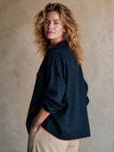 Women's Classic Loose-Fit Navy Cotton-Linen Single-Breasted Jacket With Contrast Piping ZMZ0185I3SWL