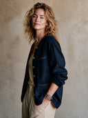 Women's Classic Loose-Fit Navy Cotton-Linen Single-Breasted Jacket With Contrast Piping ZMZ0185I3SWL
