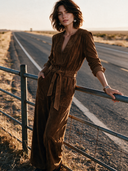 Women's Western-Style Faux Suede Long-Sleeve Belted Jumpsuit ZMZ0112I7ZYY