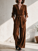 Women's Western-Style Faux Suede Long-Sleeve Belted Jumpsuit ZMZ0112I7ZYY
