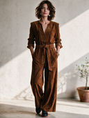 Women's Western-Style Faux Suede Long-Sleeve Belted Jumpsuit ZMZ0112I7ZYY