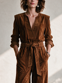 Women's Western-Style Faux Suede Long-Sleeve Belted Jumpsuit ZMZ0112I7ZYY