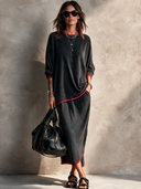 Women's Retro Casual Knitted Color Block Round Neck Long Sleeve Top And Skirt Set ZMZ0163I0ZJY