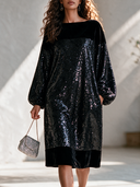 Women's Formal Party Dress: Velvet And Sequin Panel Design, Crew Neck, Lantern Sleeves ZMZ0192I0ZYY
