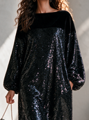 Women's Formal Party Dress: Velvet And Sequin Panel Design, Crew Neck, Lantern Sleeves ZMZ0192I0ZYY