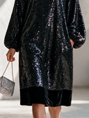 Women's Formal Party Dress: Velvet And Sequin Panel Design, Crew Neck, Lantern Sleeves ZMZ0192I0ZYY