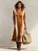 Women's Classic Color-Block Acetate Satin Long-Sleeve Midi Dress ZMZ0216I3SWL