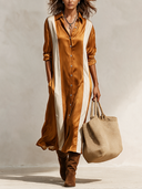 Women's Classic Color-Block Acetate Satin Long-Sleeve Midi Dress ZMZ0216I3SWL