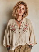 Women's Classic Khaki Cotton Floral-Embroidered Three-Quarter Sleeve Top ZMZ0220I2SWL